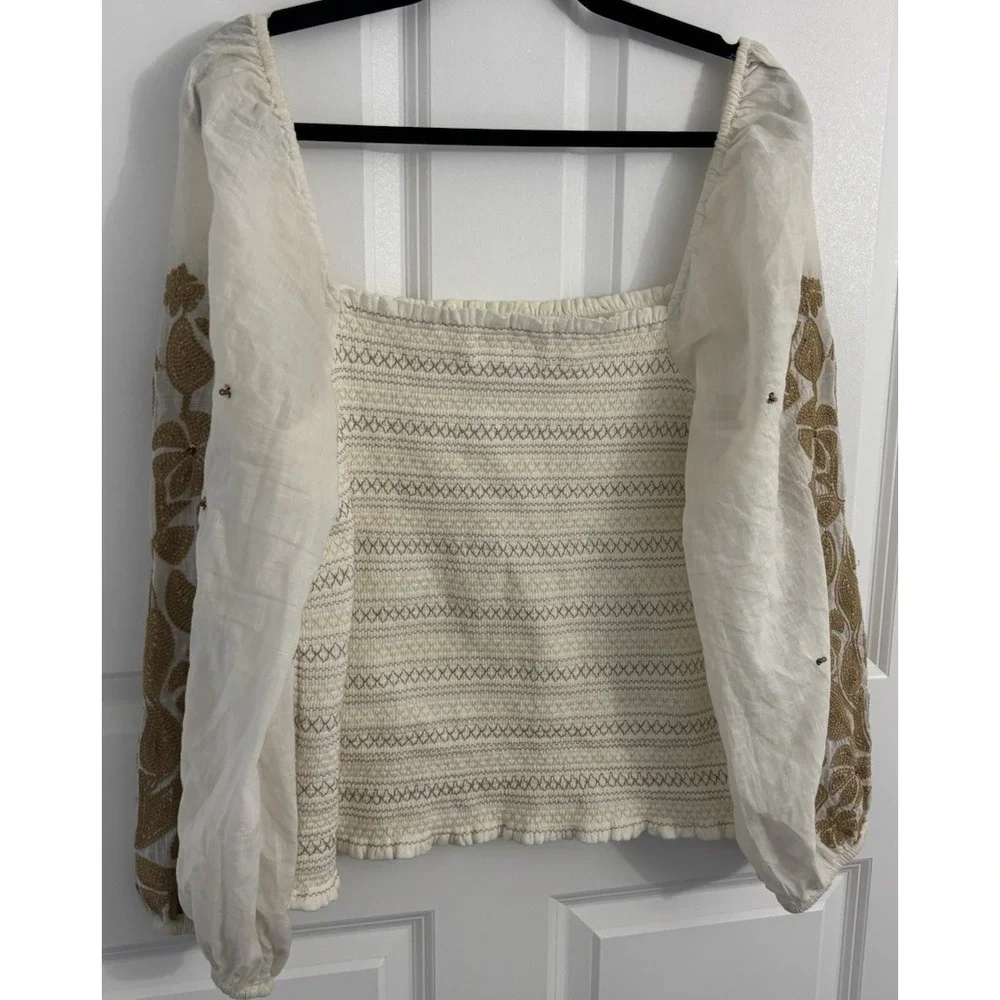 Anthropologie ivory gold embroidered blouse with balloon sleeves XL‎